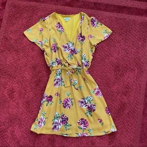 Yellow Floral Short Sleeve Wrap Dress